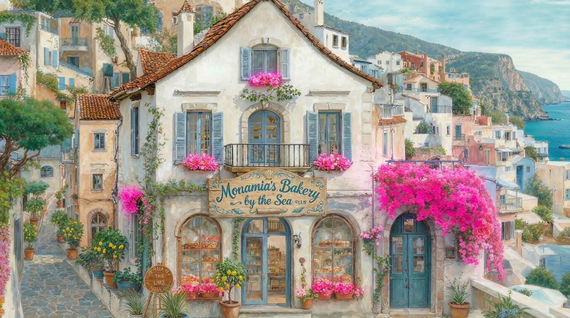 A beautiful watercolor illustration of Monamia's Bakery by the Sea — a charming Greek seaside bakery with pink bougainvillea, blue shutters, terracotta roofs, cobblestone streets, and the Mediterranean sea in the background.